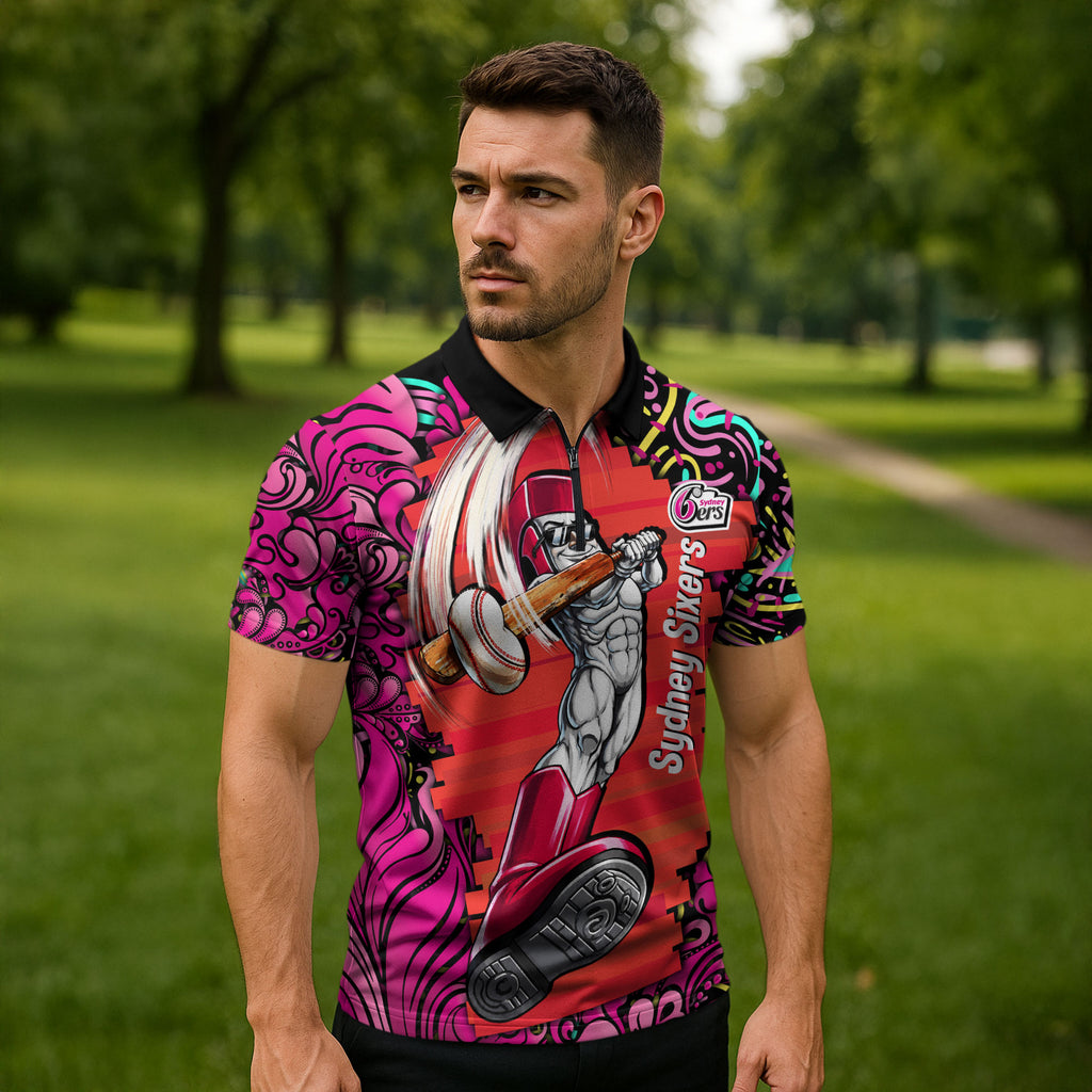 Personalized Sydney Sixers Cricket Zipper Polo Shirt Hippie Psychedelic Pattern Vibrant Mandala Art Style