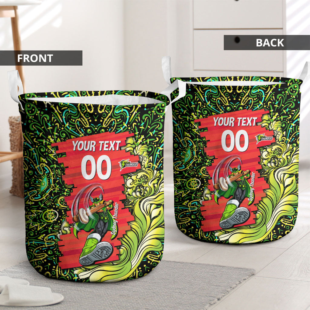 Personalized Sydney Thunder Cricket Laundry Basket Hippie Psychedelic Pattern Vibrant Mandala Art Style