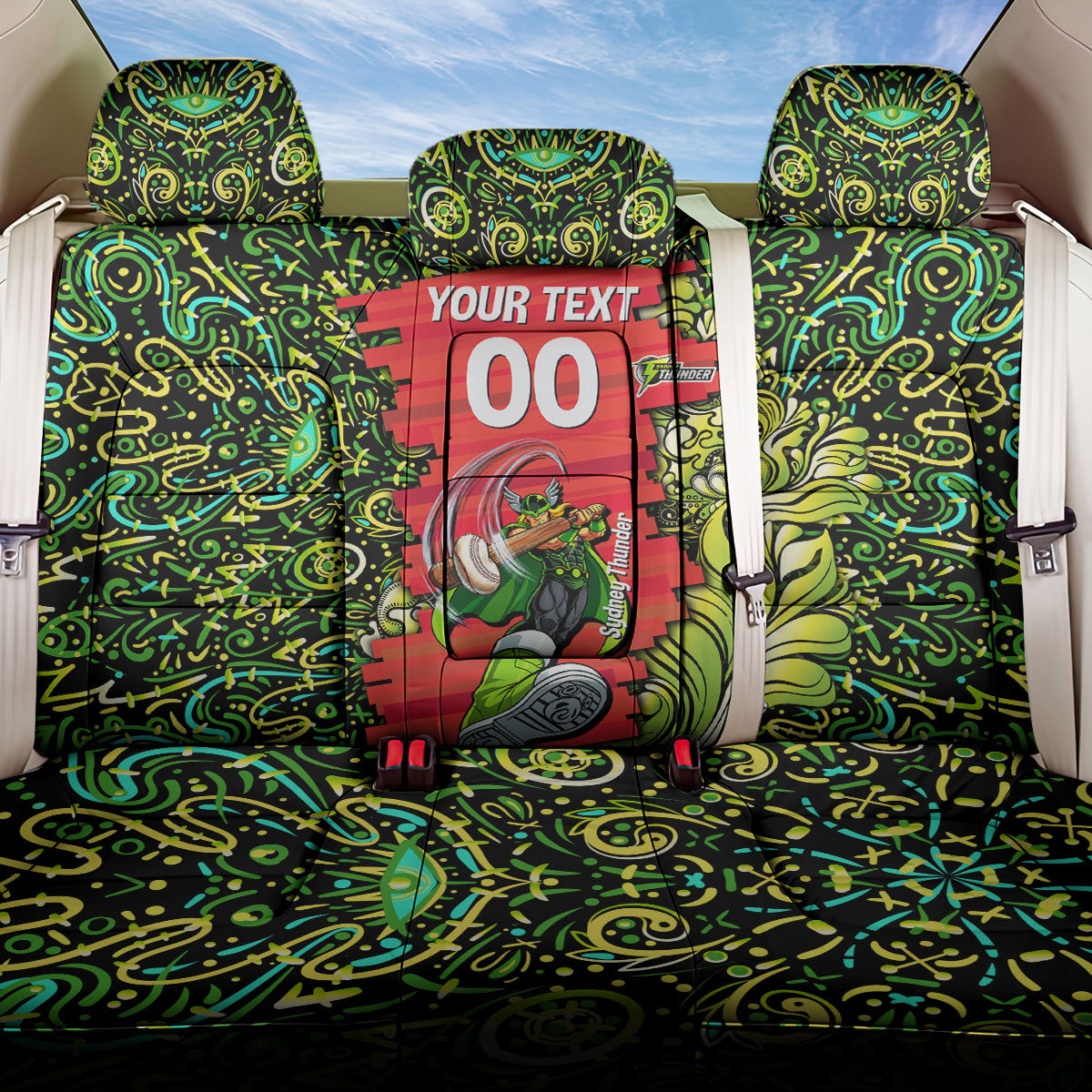Personalized Sydney Thunder Cricket Back Car Seat Cover Hippie Psychedelic Pattern Vibrant Mandala Art Style
