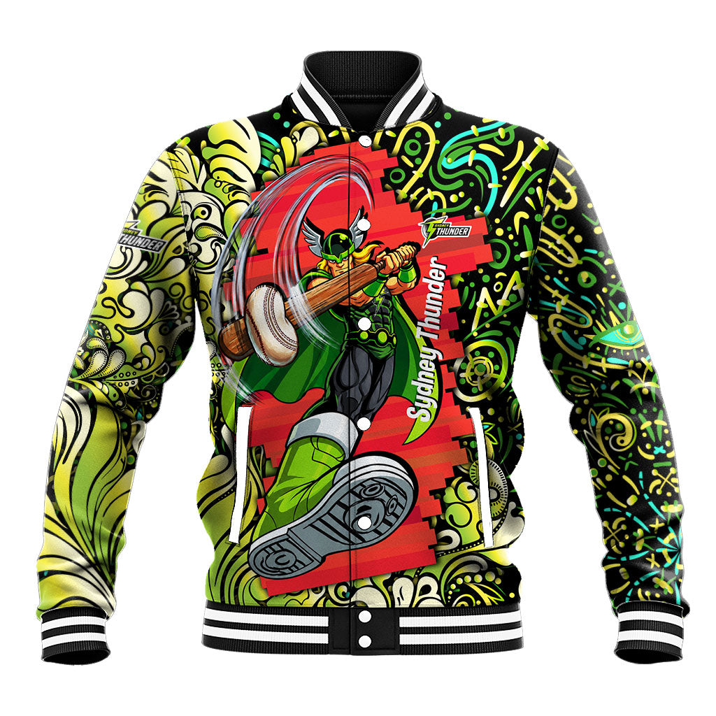 Personalized Sydney Thunder Cricket Baseball Jacket Hippie Psychedelic Pattern Vibrant Mandala Art Style