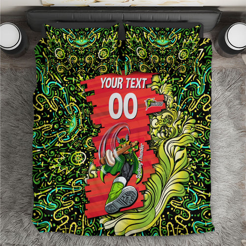 Personalized Sydney Thunder Cricket Bedding Set Hippie Psychedelic Pattern Vibrant Mandala Art Style