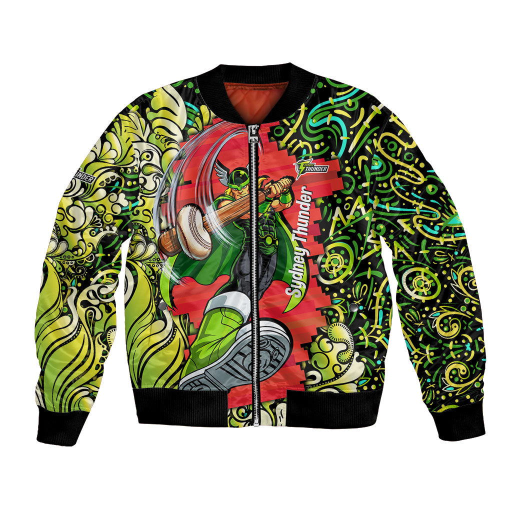Personalized Sydney Thunder Cricket Bomber Jacket Hippie Psychedelic Pattern Vibrant Mandala Art Style