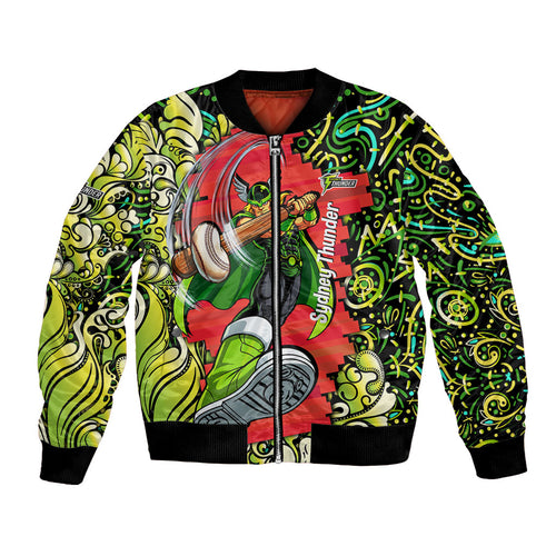 Personalized Sydney Thunder Cricket Bomber Jacket Hippie Psychedelic Pattern Vibrant Mandala Art Style