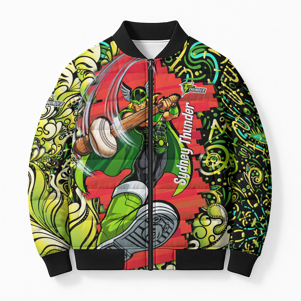 Personalized Sydney Thunder Cricket Bomber Puffer Jacket Hippie Psychedelic Pattern Vibrant Mandala Art Style
