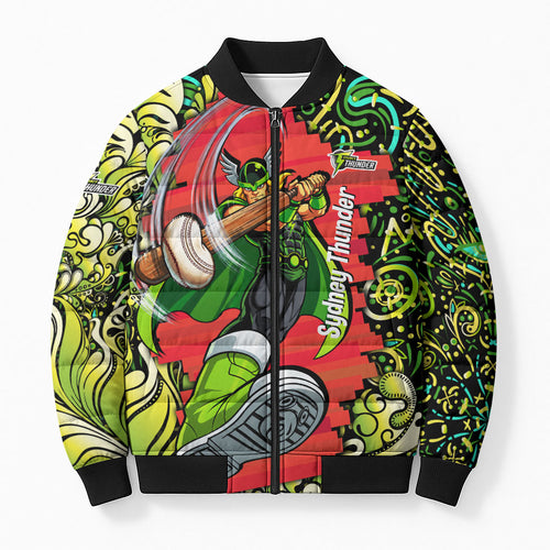 Personalized Sydney Thunder Cricket Bomber Puffer Jacket Hippie Psychedelic Pattern Vibrant Mandala Art Style