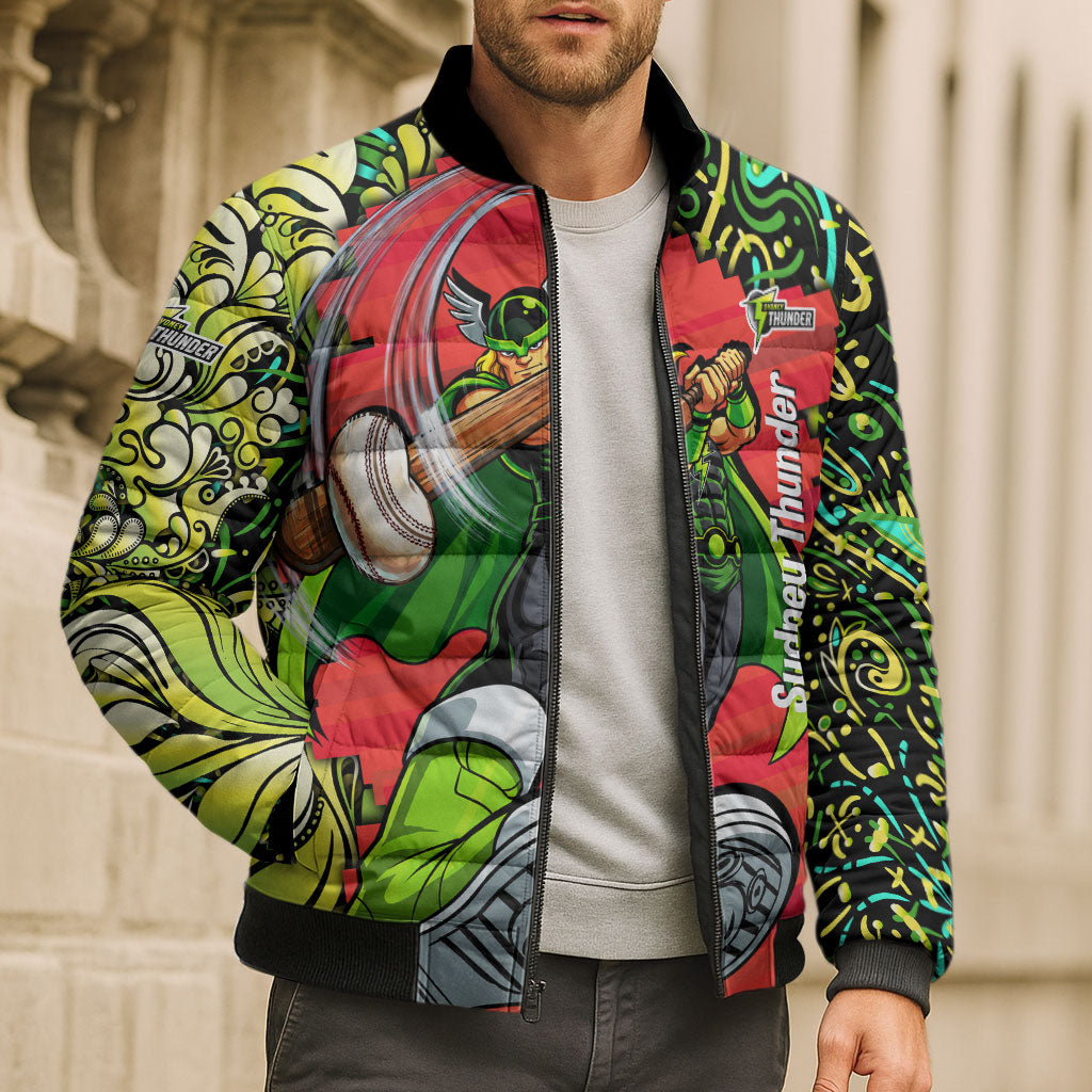 Personalized Sydney Thunder Cricket Bomber Puffer Jacket Hippie Psychedelic Pattern Vibrant Mandala Art Style