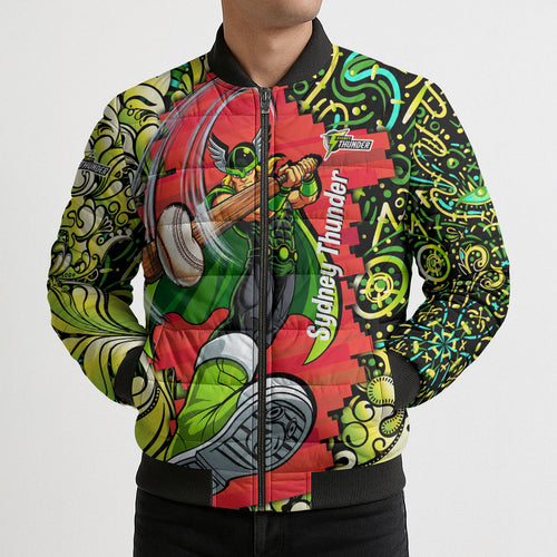 Personalized Sydney Thunder Cricket Bomber Puffer Jacket Hippie Psychedelic Pattern Vibrant Mandala Art Style