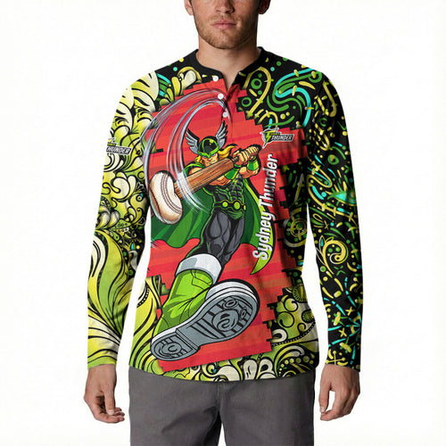 Personalized Sydney Thunder Cricket Button Sweatshirt Hippie Psychedelic Pattern Vibrant Mandala Art Style