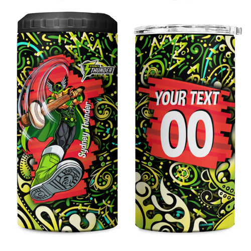 Personalized Sydney Thunder Cricket 4 in 1 Can Cooler Tumbler Hippie Psychedelic Pattern Vibrant Mandala Art Style