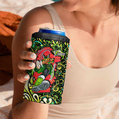 Personalized Sydney Thunder Cricket 4 in 1 Can Cooler Tumbler Hippie Psychedelic Pattern Vibrant Mandala Art Style