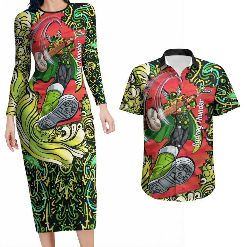 Personalized Sydney Thunder Cricket Couples Matching Long Sleeve Bodycon Dress and Hawaiian Shirt Hippie Psychedelic Pattern Vibrant Mandala Art Style