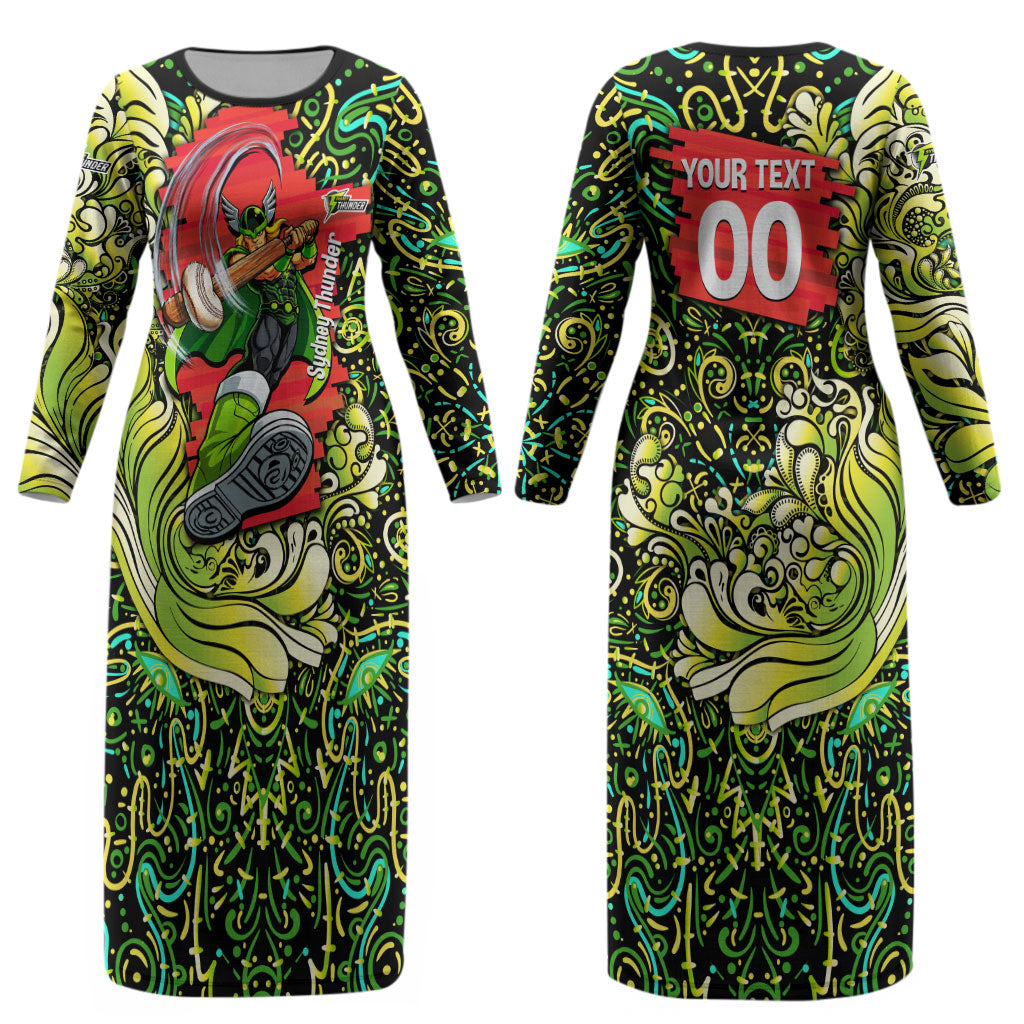 Personalized Sydney Thunder Cricket Couples Matching Long Sleeve Bodycon Dress and Hawaiian Shirt Hippie Psychedelic Pattern Vibrant Mandala Art Style