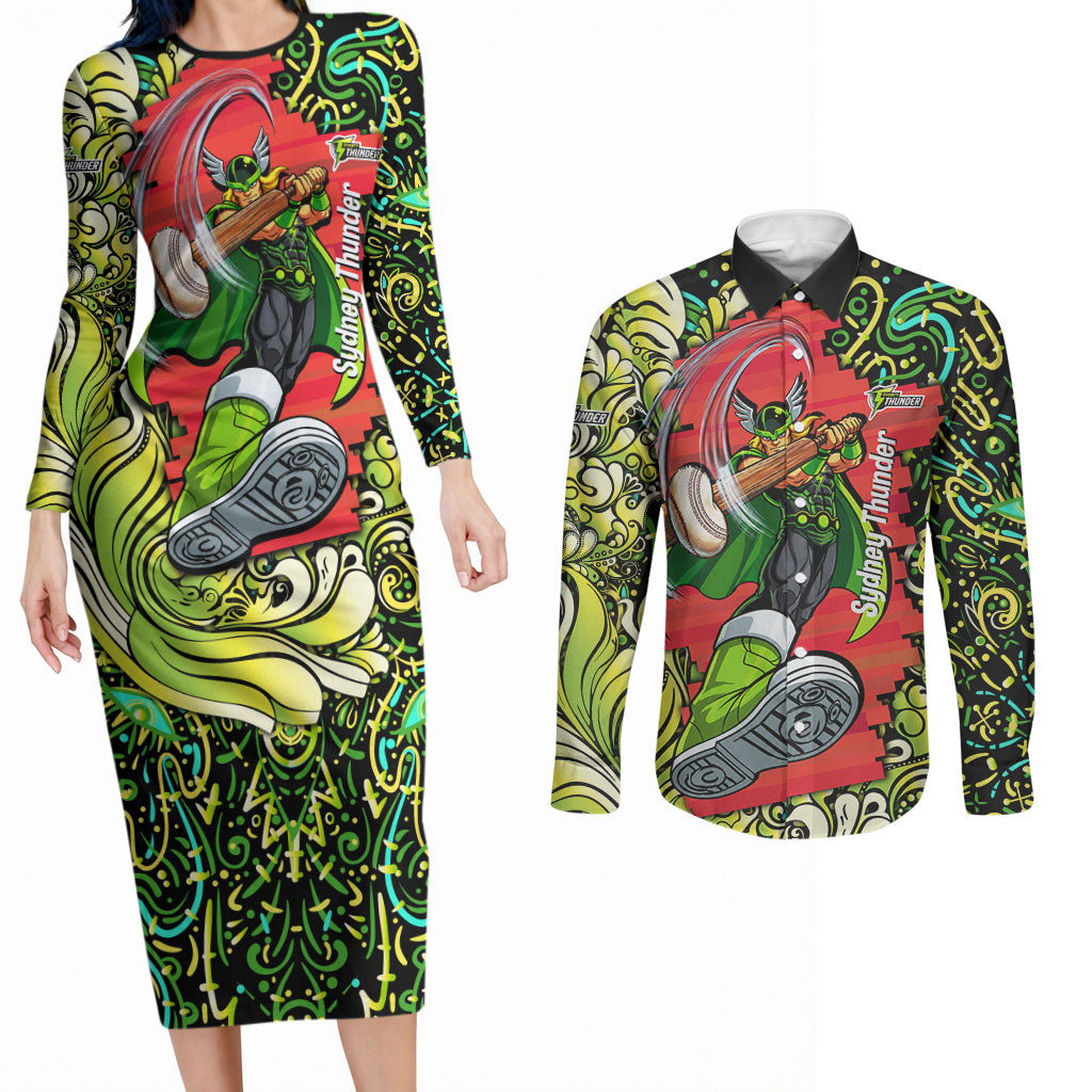 Personalized Sydney Thunder Cricket Couples Matching Long Sleeve Bodycon Dress and Long Sleeve Button Shirt Hippie Psychedelic Pattern Vibrant Mandala Art Style