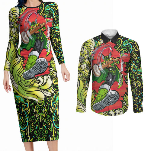Personalized Sydney Thunder Cricket Couples Matching Long Sleeve Bodycon Dress and Long Sleeve Button Shirt Hippie Psychedelic Pattern Vibrant Mandala Art Style