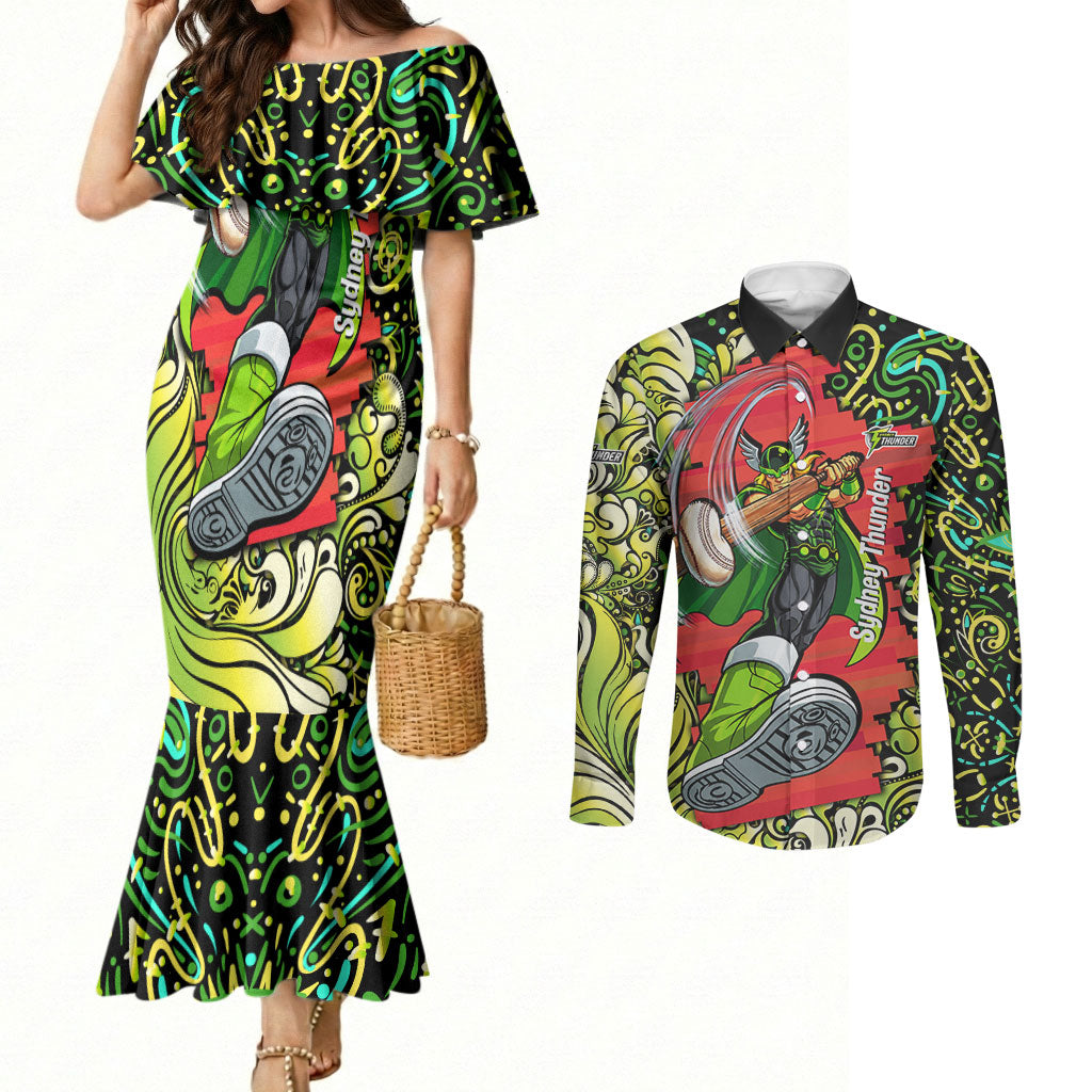 Personalized Sydney Thunder Cricket Couples Matching Mermaid Dress and Long Sleeve Button Shirt Hippie Psychedelic Pattern Vibrant Mandala Art Style