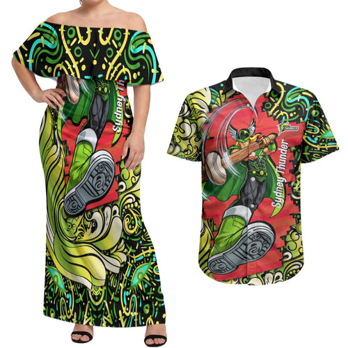 Personalized Sydney Thunder Cricket Couples Matching Off Shoulder Maxi Dress and Hawaiian Shirt Hippie Psychedelic Pattern Vibrant Mandala Art Style
