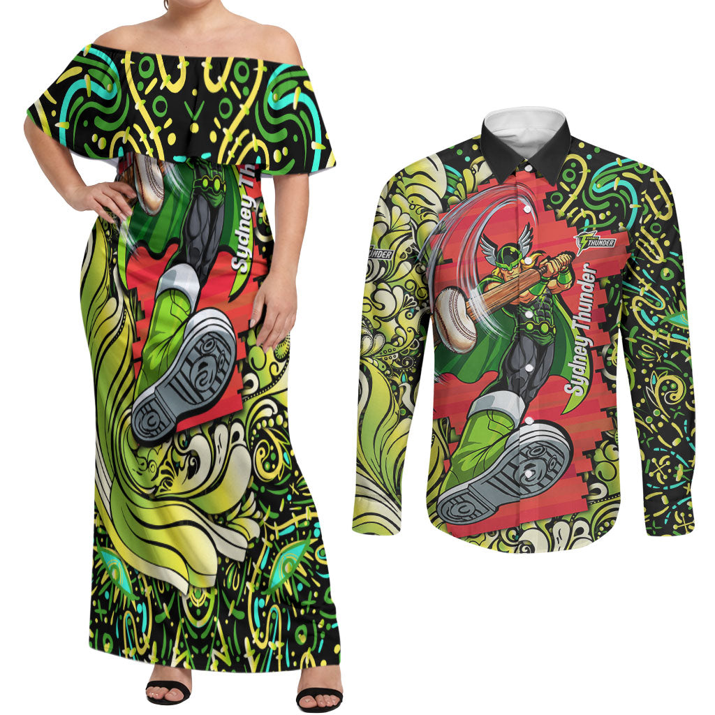 Personalized Sydney Thunder Cricket Couples Matching Off Shoulder Maxi Dress and Long Sleeve Button Shirt Hippie Psychedelic Pattern Vibrant Mandala Art Style