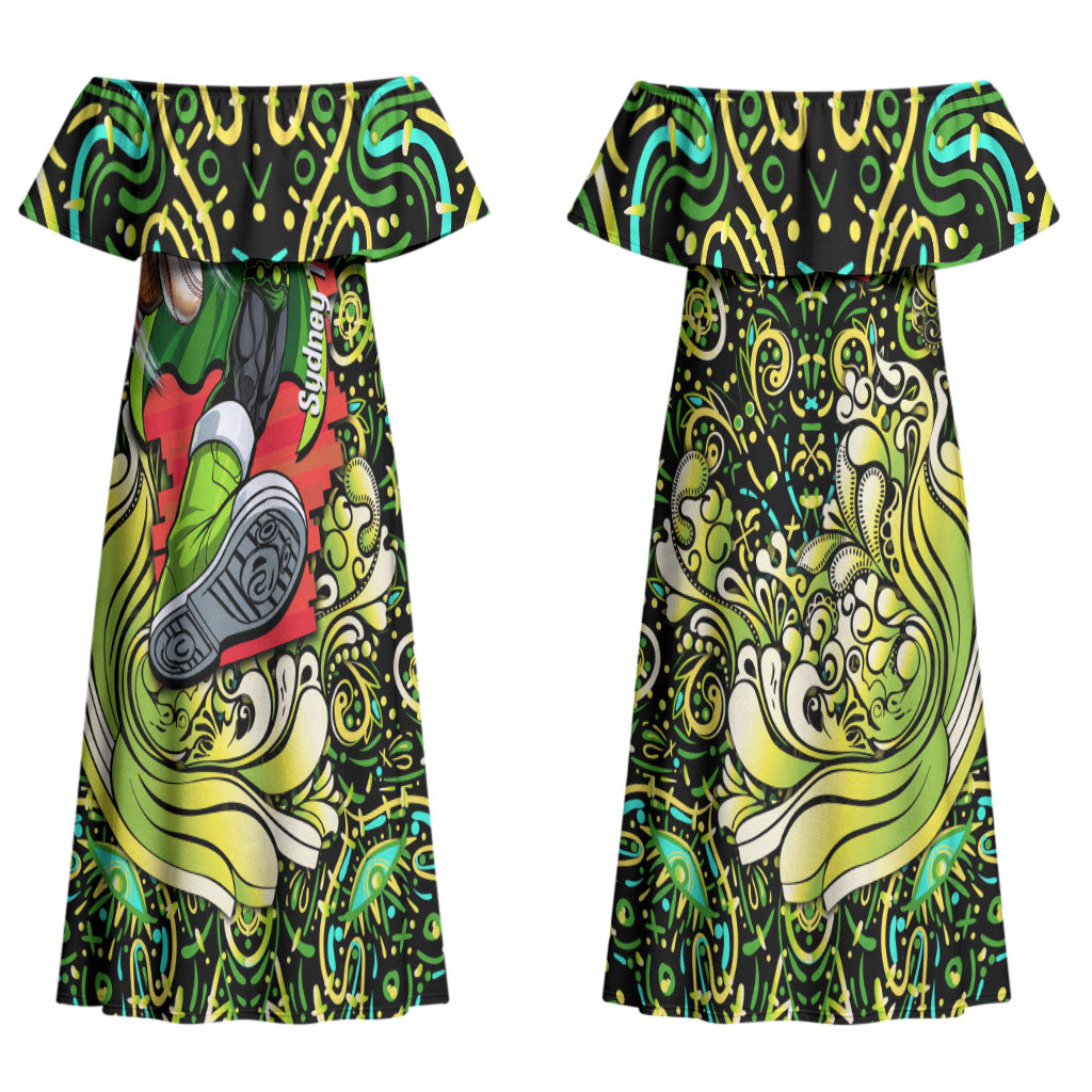 Personalized Sydney Thunder Cricket Couples Matching Off Shoulder Maxi Dress and Long Sleeve Button Shirt Hippie Psychedelic Pattern Vibrant Mandala Art Style