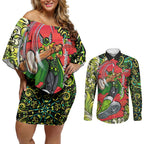Personalized Sydney Thunder Cricket Couples Matching Off Shoulder Short Dress and Long Sleeve Button Shirt Hippie Psychedelic Pattern Vibrant Mandala Art Style