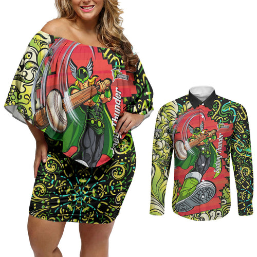 Personalized Sydney Thunder Cricket Couples Matching Off Shoulder Short Dress and Long Sleeve Button Shirt Hippie Psychedelic Pattern Vibrant Mandala Art Style