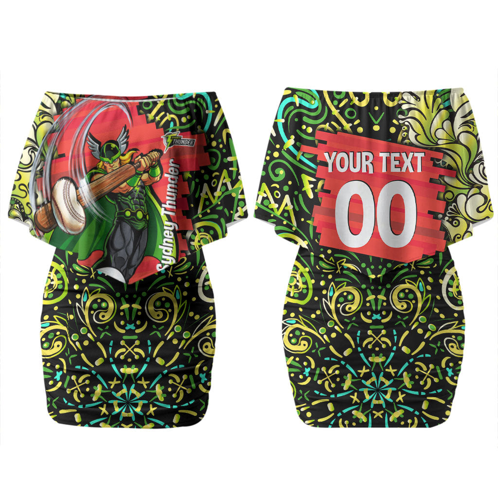 Personalized Sydney Thunder Cricket Couples Matching Off Shoulder Short Dress and Long Sleeve Button Shirt Hippie Psychedelic Pattern Vibrant Mandala Art Style