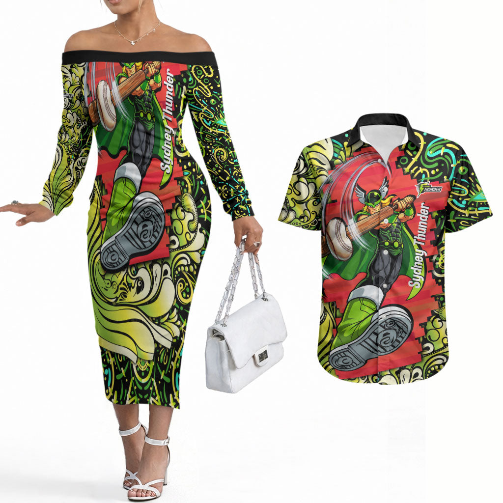 Personalized Sydney Thunder Cricket Couples Matching Off The Shoulder Long Sleeve Dress and Hawaiian Shirt Hippie Psychedelic Pattern Vibrant Mandala Art Style