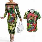 Personalized Sydney Thunder Cricket Couples Matching Off The Shoulder Long Sleeve Dress and Hawaiian Shirt Hippie Psychedelic Pattern Vibrant Mandala Art Style