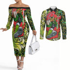 Personalized Sydney Thunder Cricket Couples Matching Off The Shoulder Long Sleeve Dress and Long Sleeve Button Shirt Hippie Psychedelic Pattern Vibrant Mandala Art Style