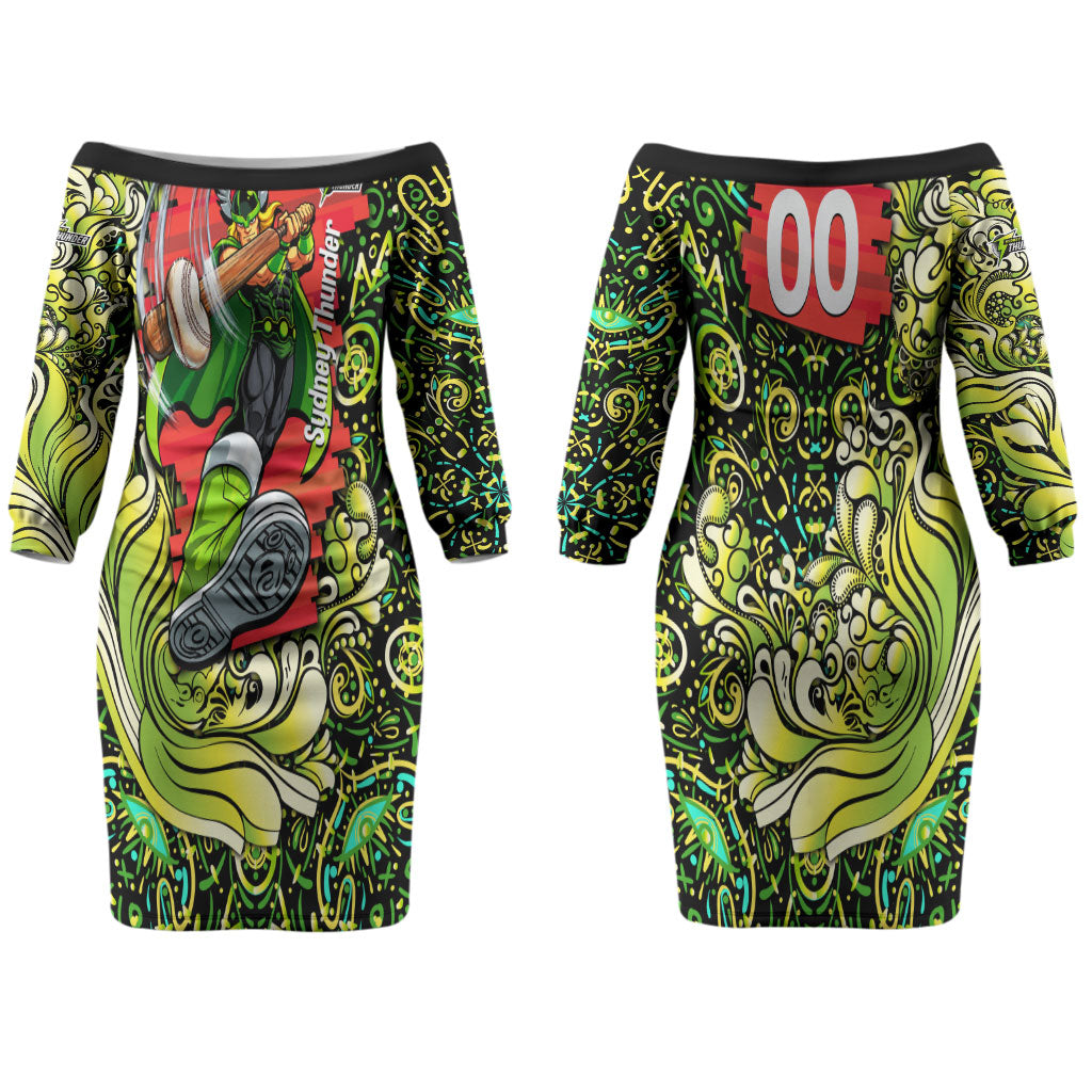 Personalized Sydney Thunder Cricket Couples Matching Off The Shoulder Long Sleeve Dress and Long Sleeve Button Shirt Hippie Psychedelic Pattern Vibrant Mandala Art Style