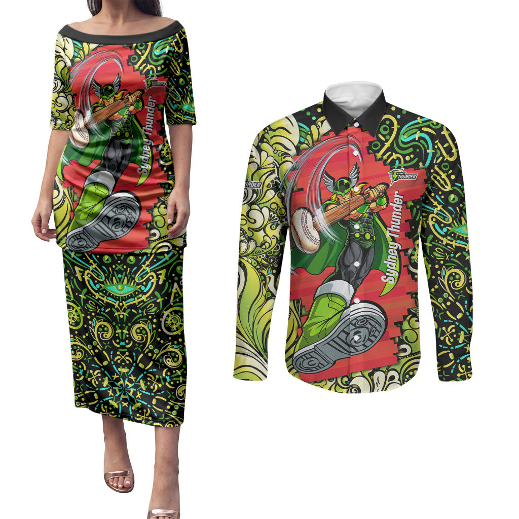 Personalized Sydney Thunder Cricket Couples Matching Puletasi and Long Sleeve Button Shirt Hippie Psychedelic Pattern Vibrant Mandala Art Style