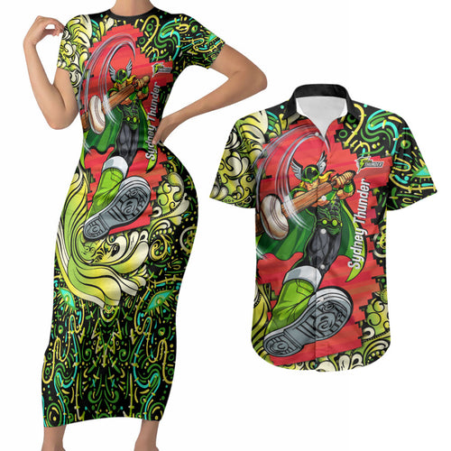 Personalized Sydney Thunder Cricket Couples Matching Short Sleeve Bodycon Dress and Hawaiian Shirt Hippie Psychedelic Pattern Vibrant Mandala Art Style