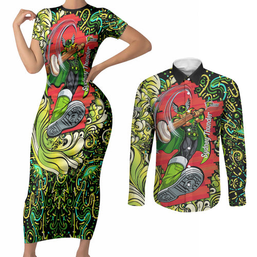 Personalized Sydney Thunder Cricket Couples Matching Short Sleeve Bodycon Dress and Long Sleeve Button Shirt Hippie Psychedelic Pattern Vibrant Mandala Art Style