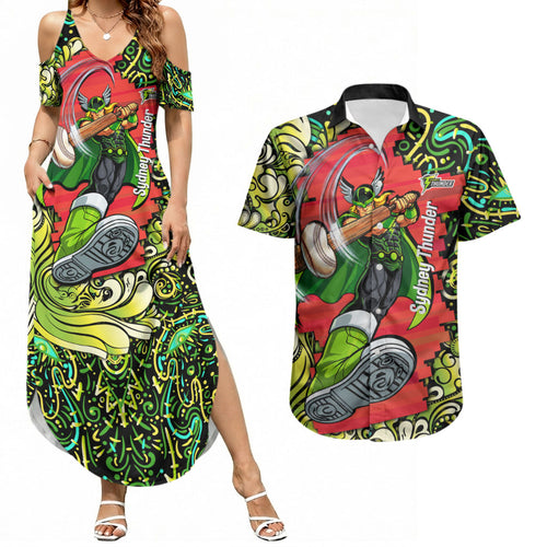 Personalized Sydney Thunder Cricket Couples Matching Summer Maxi Dress and Hawaiian Shirt Hippie Psychedelic Pattern Vibrant Mandala Art Style