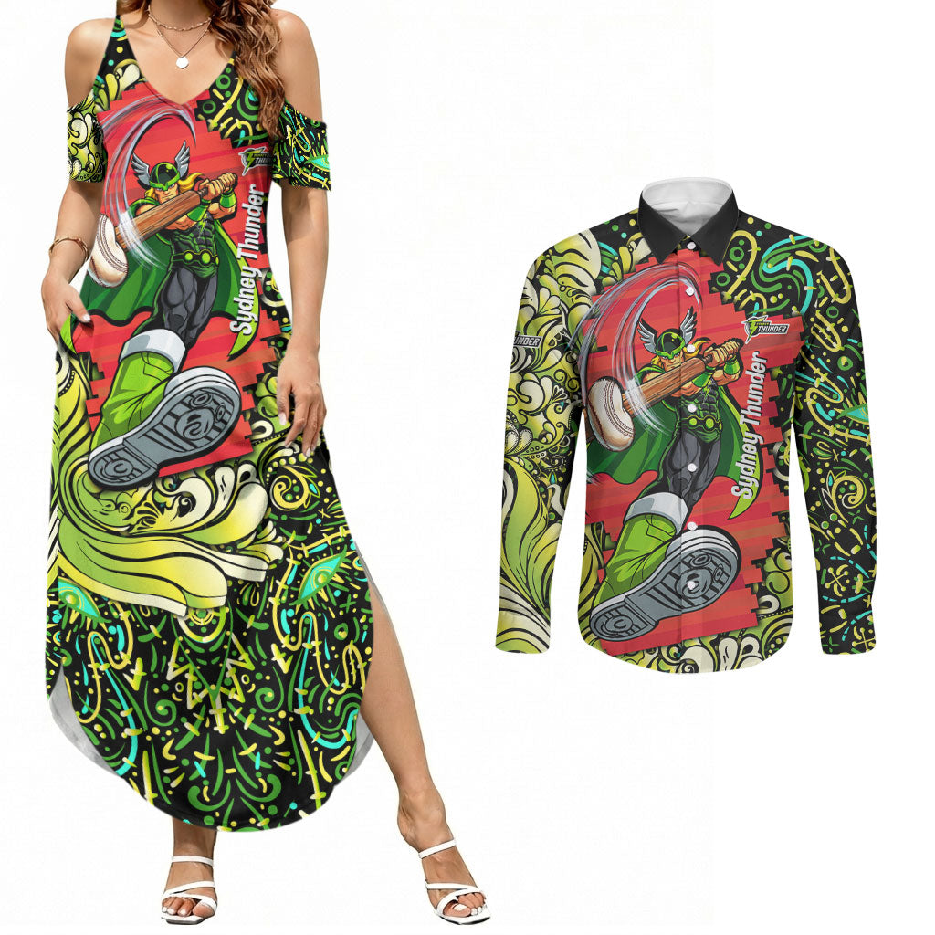 Personalized Sydney Thunder Cricket Couples Matching Summer Maxi Dress and Long Sleeve Button Shirt Hippie Psychedelic Pattern Vibrant Mandala Art Style