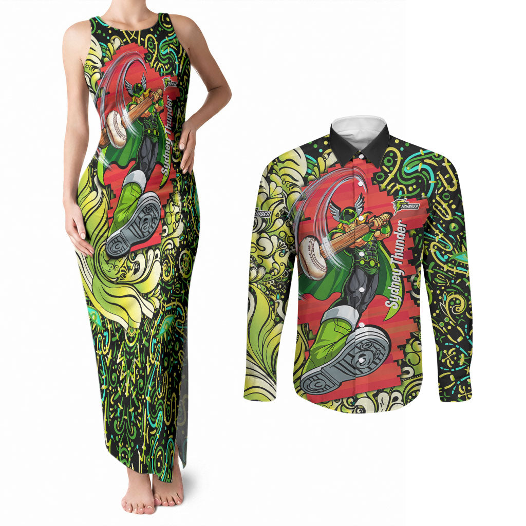 Personalized Sydney Thunder Cricket Couples Matching Tank Maxi Dress and Long Sleeve Button Shirt Hippie Psychedelic Pattern Vibrant Mandala Art Style