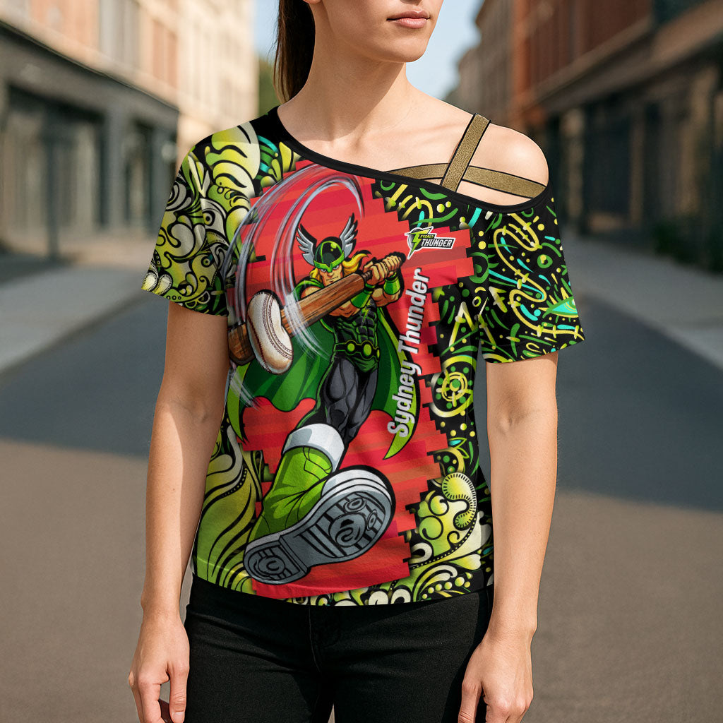 Personalized Sydney Thunder Cricket Cross Shoulder Shirt Hippie Psychedelic Pattern Vibrant Mandala Art Style