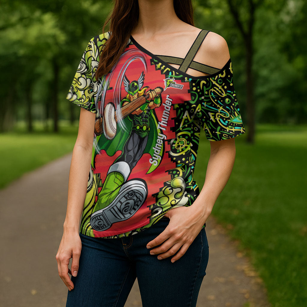 Personalized Sydney Thunder Cricket Cross Shoulder Shirt Hippie Psychedelic Pattern Vibrant Mandala Art Style
