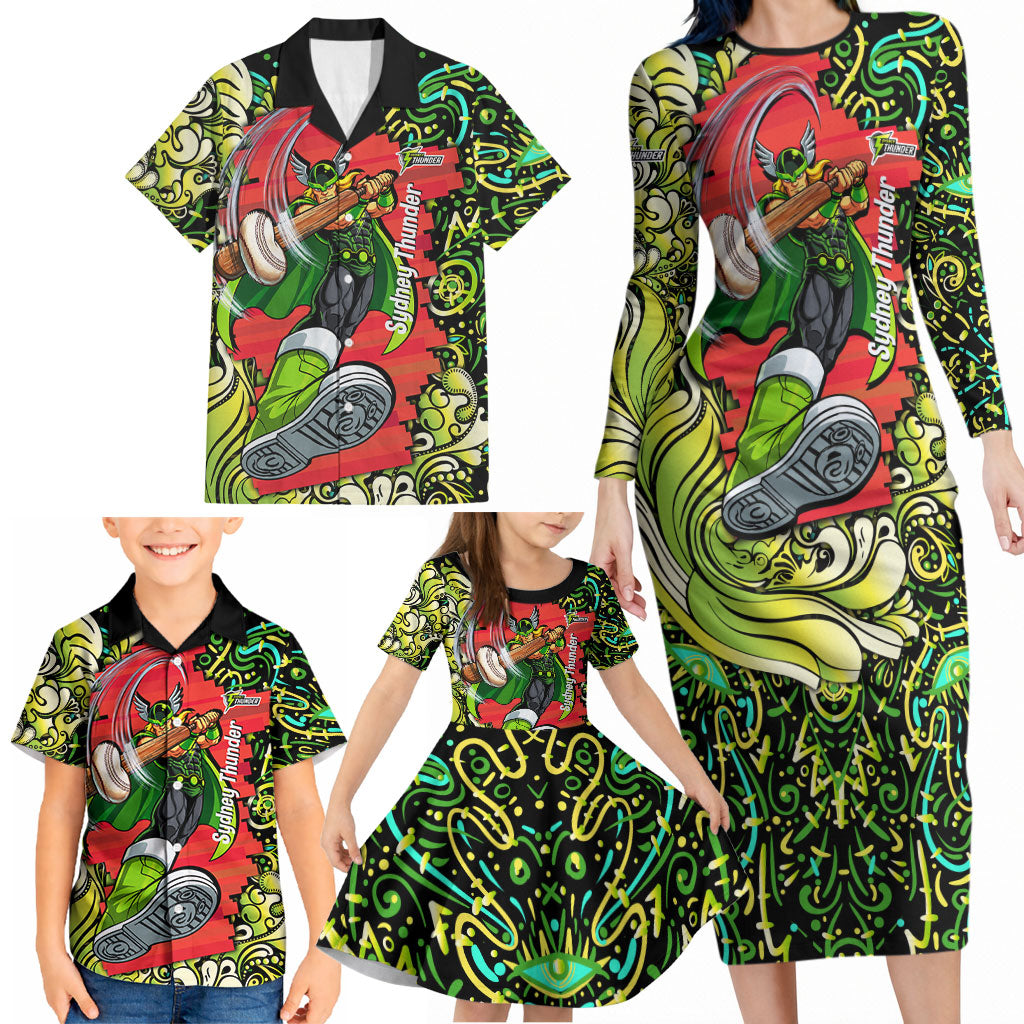 Personalized Sydney Thunder Cricket Family Matching Long Sleeve Bodycon Dress and Hawaiian Shirt Hippie Psychedelic Pattern Vibrant Mandala Art Style