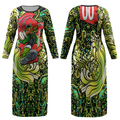 Personalized Sydney Thunder Cricket Family Matching Long Sleeve Bodycon Dress and Hawaiian Shirt Hippie Psychedelic Pattern Vibrant Mandala Art Style