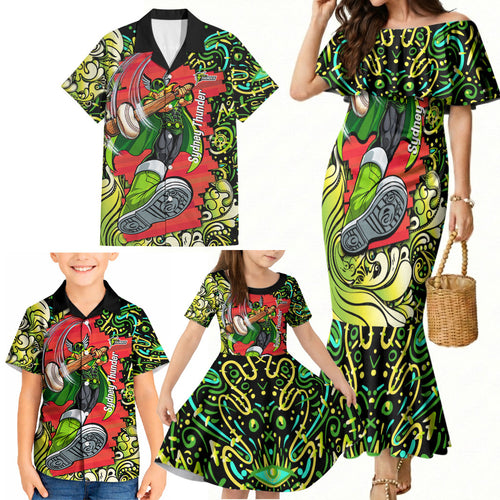 Personalized Sydney Thunder Cricket Family Matching Mermaid Dress and Hawaiian Shirt Hippie Psychedelic Pattern Vibrant Mandala Art Style