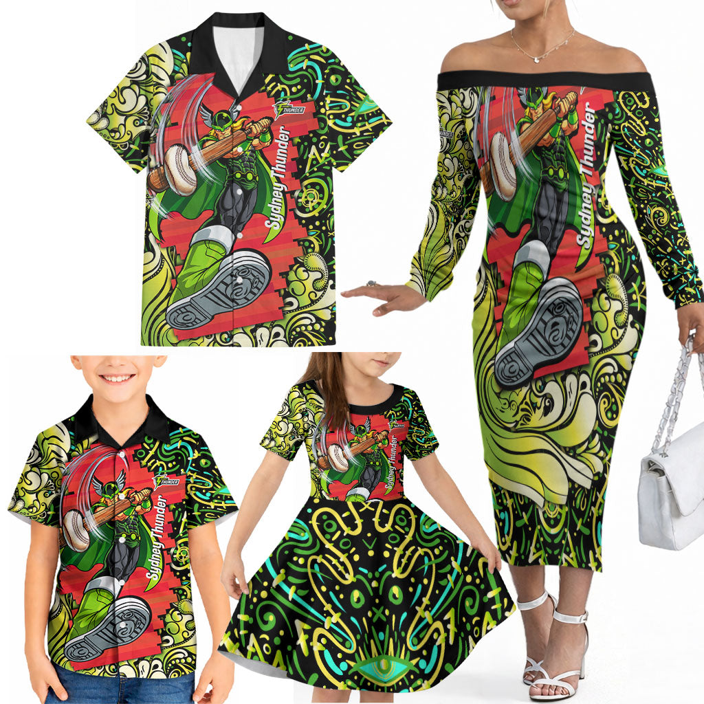 Personalized Sydney Thunder Cricket Family Matching Off The Shoulder Long Sleeve Dress and Hawaiian Shirt Hippie Psychedelic Pattern Vibrant Mandala Art Style
