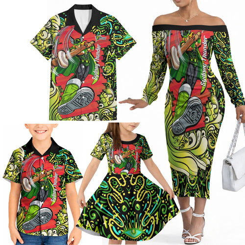 Personalized Sydney Thunder Cricket Family Matching Off The Shoulder Long Sleeve Dress and Hawaiian Shirt Hippie Psychedelic Pattern Vibrant Mandala Art Style