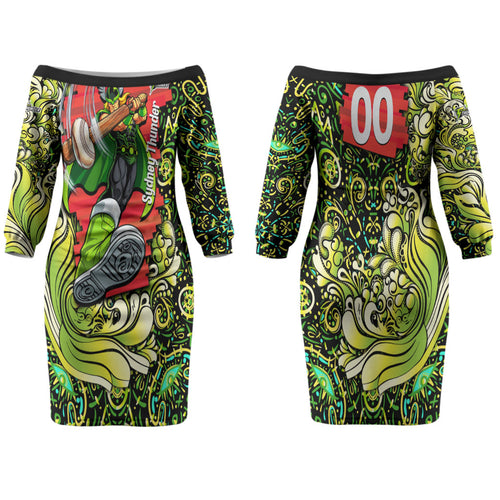 Personalized Sydney Thunder Cricket Family Matching Off The Shoulder Long Sleeve Dress and Hawaiian Shirt Hippie Psychedelic Pattern Vibrant Mandala Art Style