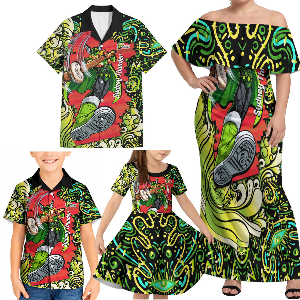 Personalized Sydney Thunder Cricket Family Matching Off Shoulder Maxi Dress and Hawaiian Shirt Hippie Psychedelic Pattern Vibrant Mandala Art Style