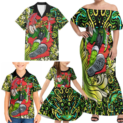 Personalized Sydney Thunder Cricket Family Matching Off Shoulder Maxi Dress and Hawaiian Shirt Hippie Psychedelic Pattern Vibrant Mandala Art Style