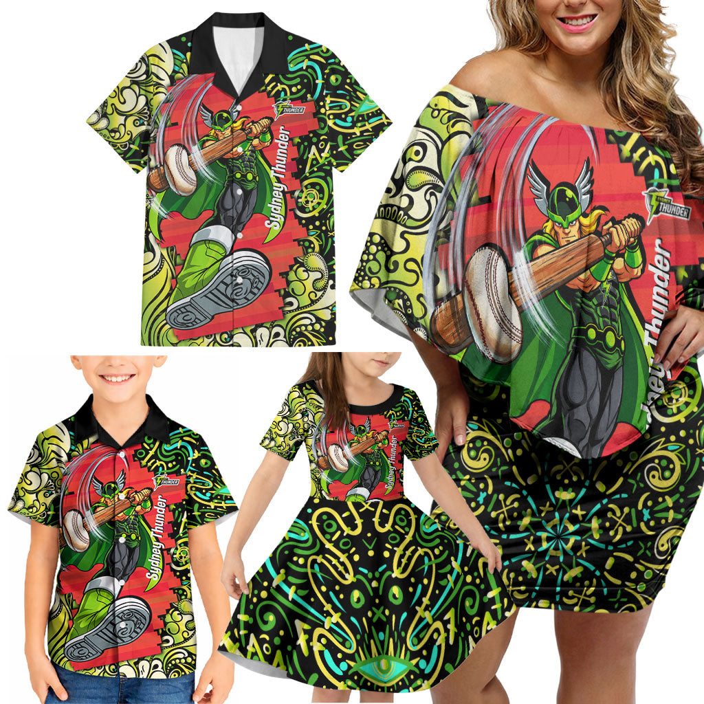 Personalized Sydney Thunder Cricket Family Matching Off Shoulder Short Dress and Hawaiian Shirt Hippie Psychedelic Pattern Vibrant Mandala Art Style