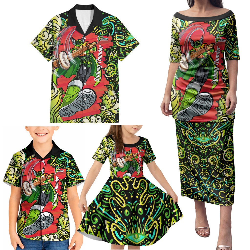 Personalized Sydney Thunder Cricket Family Matching Puletasi and Hawaiian Shirt Hippie Psychedelic Pattern Vibrant Mandala Art Style