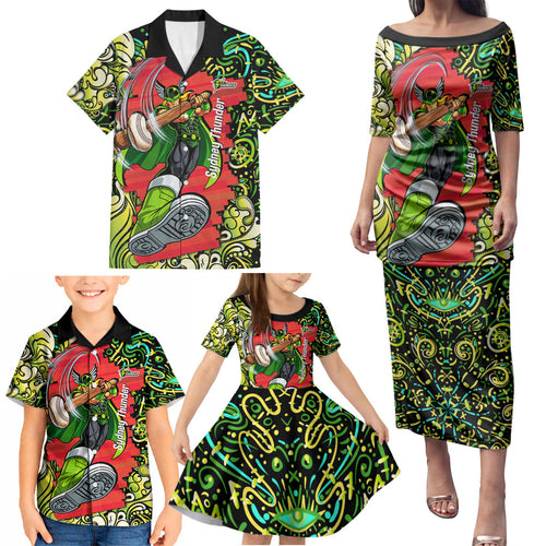 Personalized Sydney Thunder Cricket Family Matching Puletasi and Hawaiian Shirt Hippie Psychedelic Pattern Vibrant Mandala Art Style