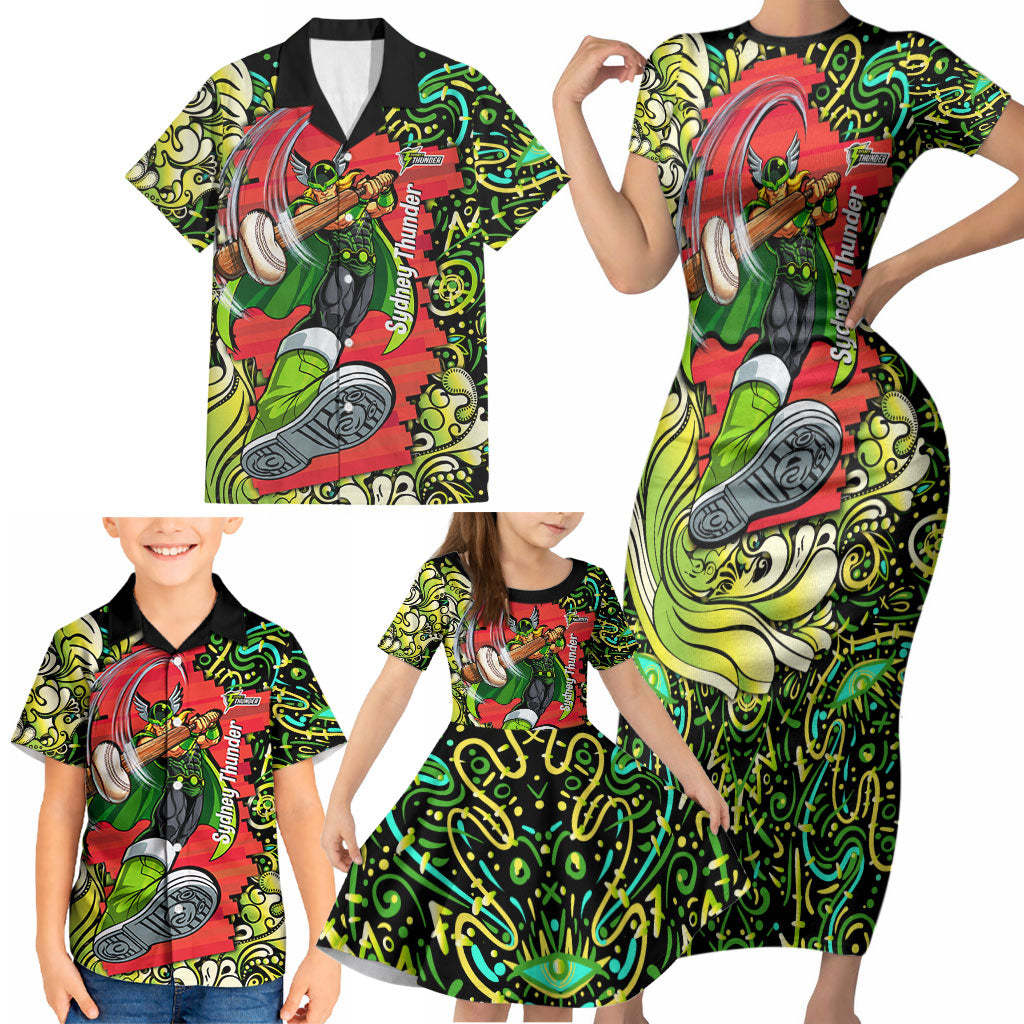 Personalized Sydney Thunder Cricket Family Matching Short Sleeve Bodycon Dress and Hawaiian Shirt Hippie Psychedelic Pattern Vibrant Mandala Art Style