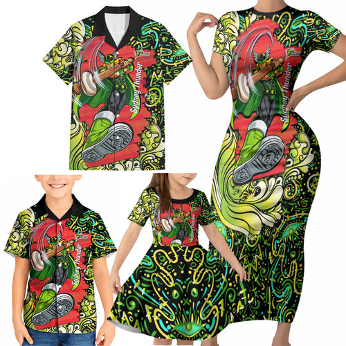 Personalized Sydney Thunder Cricket Family Matching Short Sleeve Bodycon Dress and Hawaiian Shirt Hippie Psychedelic Pattern Vibrant Mandala Art Style